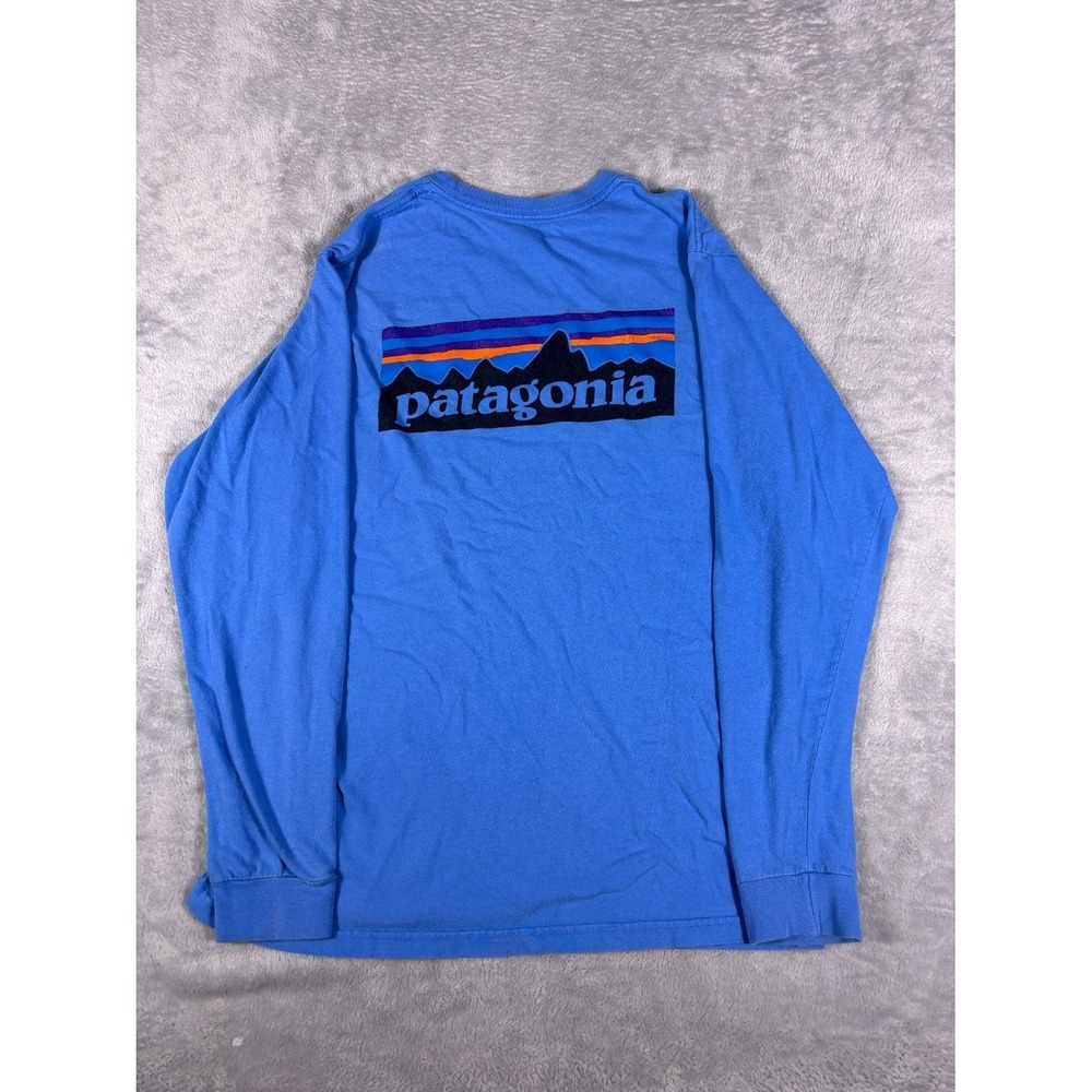 Patagonia T-Shirt P-6 Logo Mens M Blue Crew Neck Long Sleeve Regular Fit